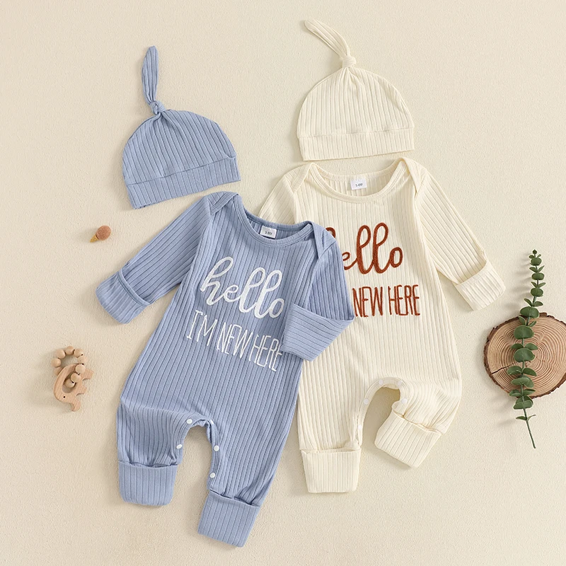 Baby Boys Spring Autumn Jumpsuit Newborn  Ribbed Letter Embroidery Long Sleeve Romper  Hat Clothes