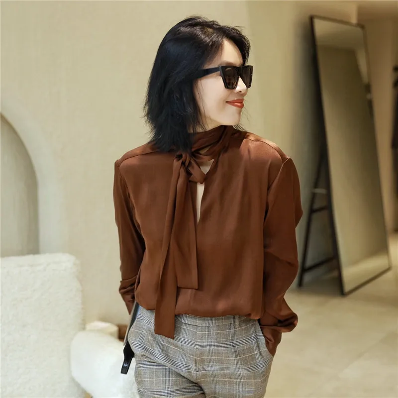 

FANNIU Оригинальный дизайн, шелковая блузка для ранней осени, женская, с V-образным вырезом, двухцветная, высококачественная, универсальная, прямого кроя, с длинными рукавами