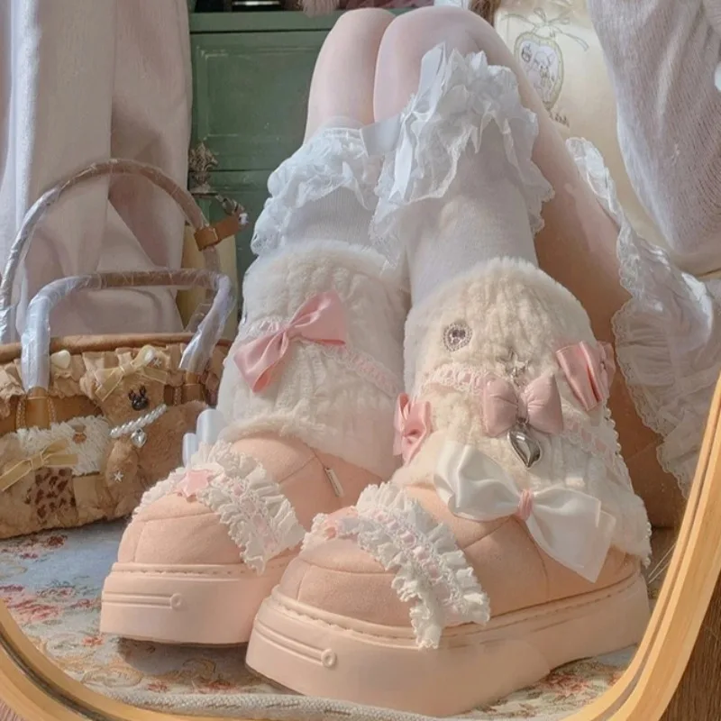 

Sweet Women's Snow Boots Exquisite Lolita Bow Casual Shoes for Woman Fashion Plush Warm Winter Shoes Designer Shoes Botas Mujer