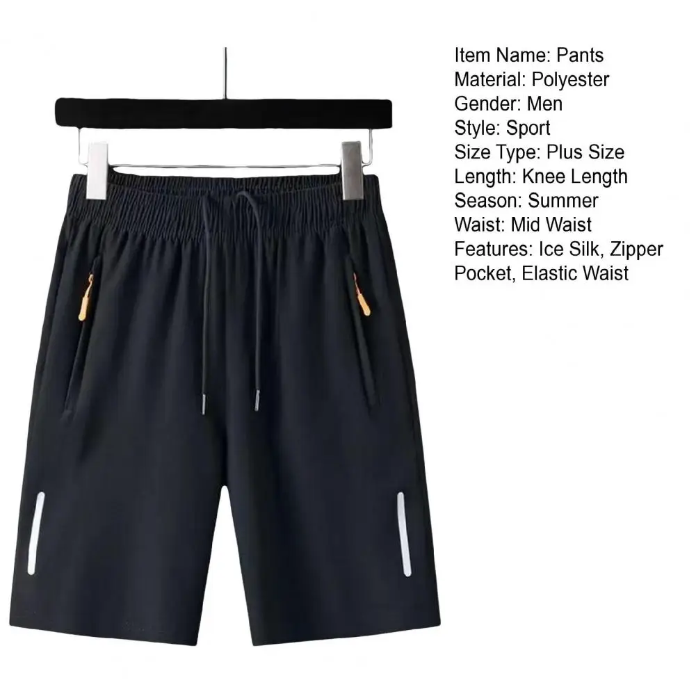 Calções esportivos monocromáticos masculinos, cintura elástica, calça reta casual, bolsos com zíper, altura do joelho fina retrô, roupas de verão