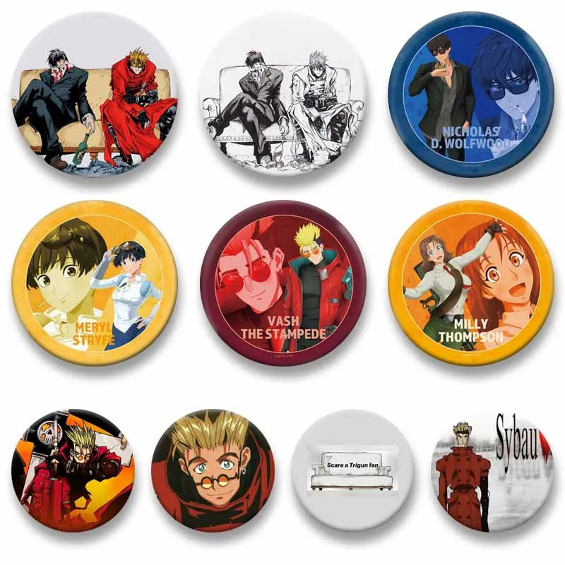 Anime Cartoon T-Trigun Button Badges Vash The Stampede Nicholas Lapel Pins Round Brooch Shoulder Bag Accessories Souvenir Gifts