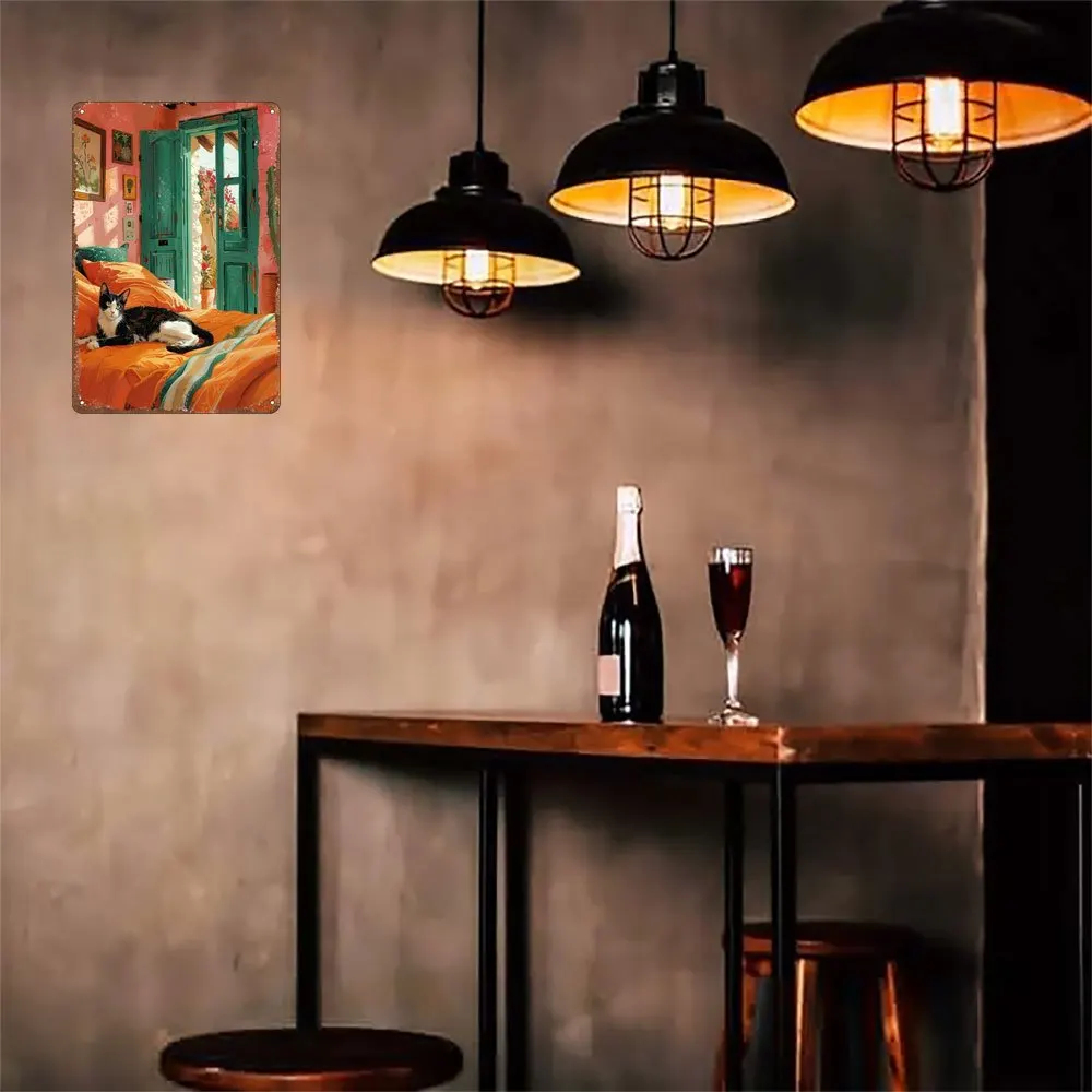 لافتة حائط معدنية عتيقة مقاس 8 × 12 بوصة - فن قطة غريب الأطوار، ديكور بوهيمي ملون للرجال الكهف والبار والمطبخ والمكتب