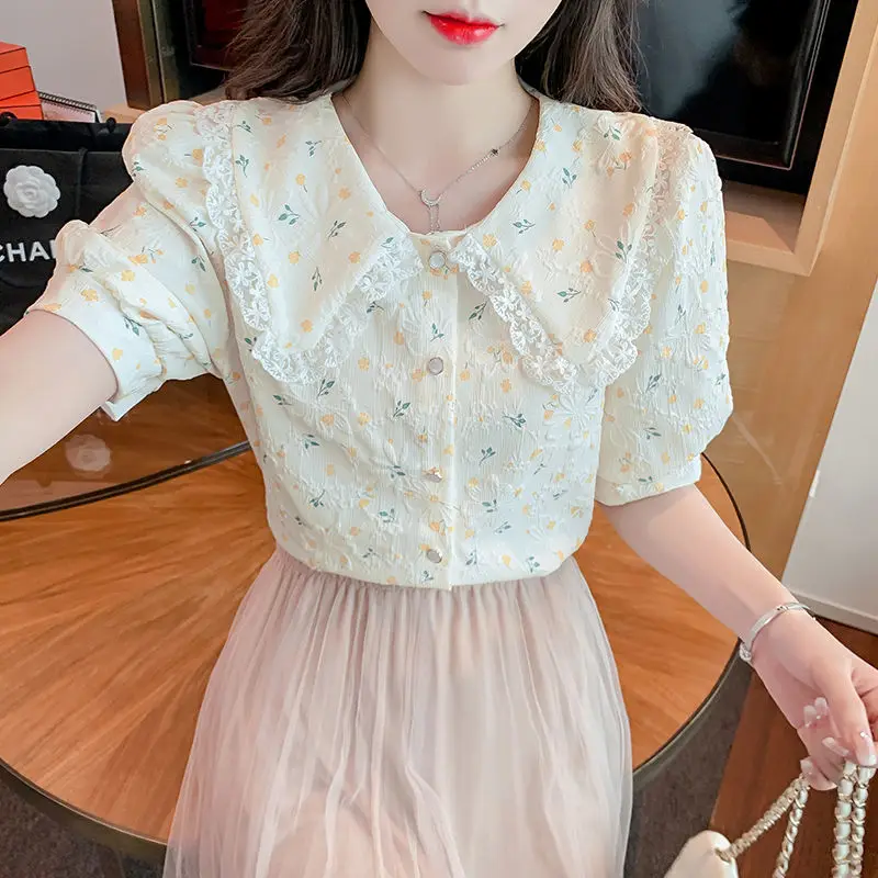 Shirts Women Floral Kawaii Summer Sweet Mujer Slim Elegant Simple Ins Lace French Style Students Stylish All-match Young Chic