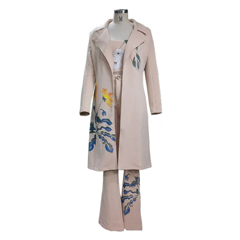 Long Trench Coat Women Sets Female Autumn Temperament Print Flower Windbreaker Wide Leg Pant Suit Three Piece Set Office Lady