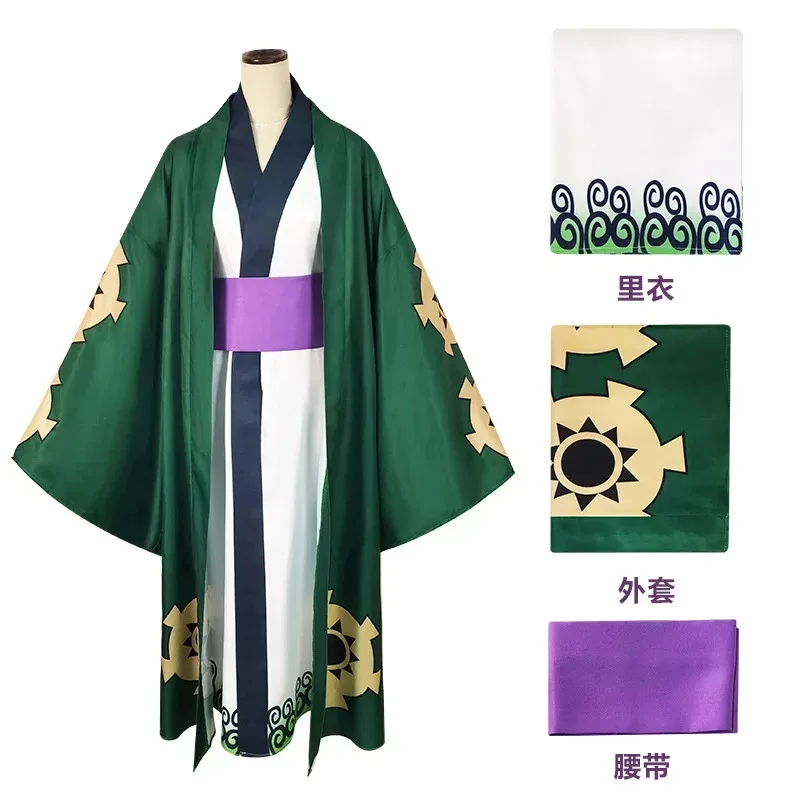 Anime Roronoa Zoro 코스프레 의상 One Wano Piece 기모노 가운 망토 벨트 풀 슈트 복장 의상 망토