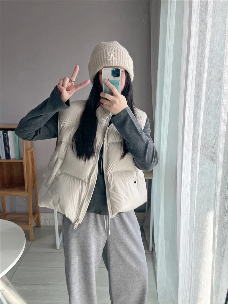 

Women's Stand Collar Double Zipper Du down Vest Versatile Warm Outerwear Casual Loose Fit 90% White Du down Jaet