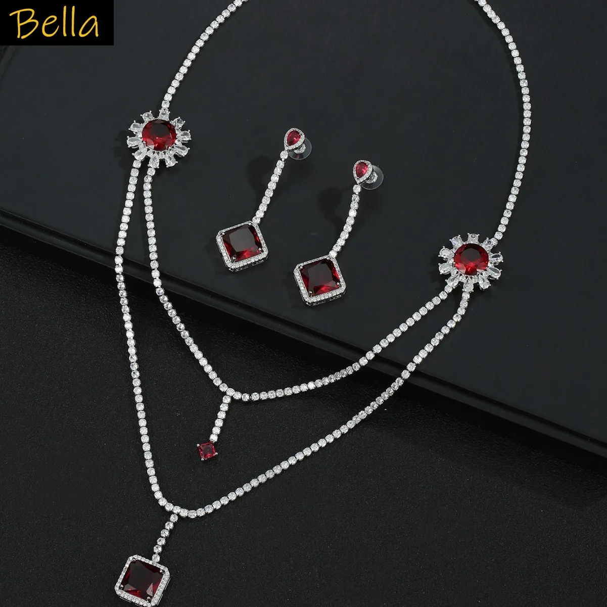 

shiny cubic zirconia jewelry sets necklace earrings red block drop pendant wedding bride jewelry set women dinner party