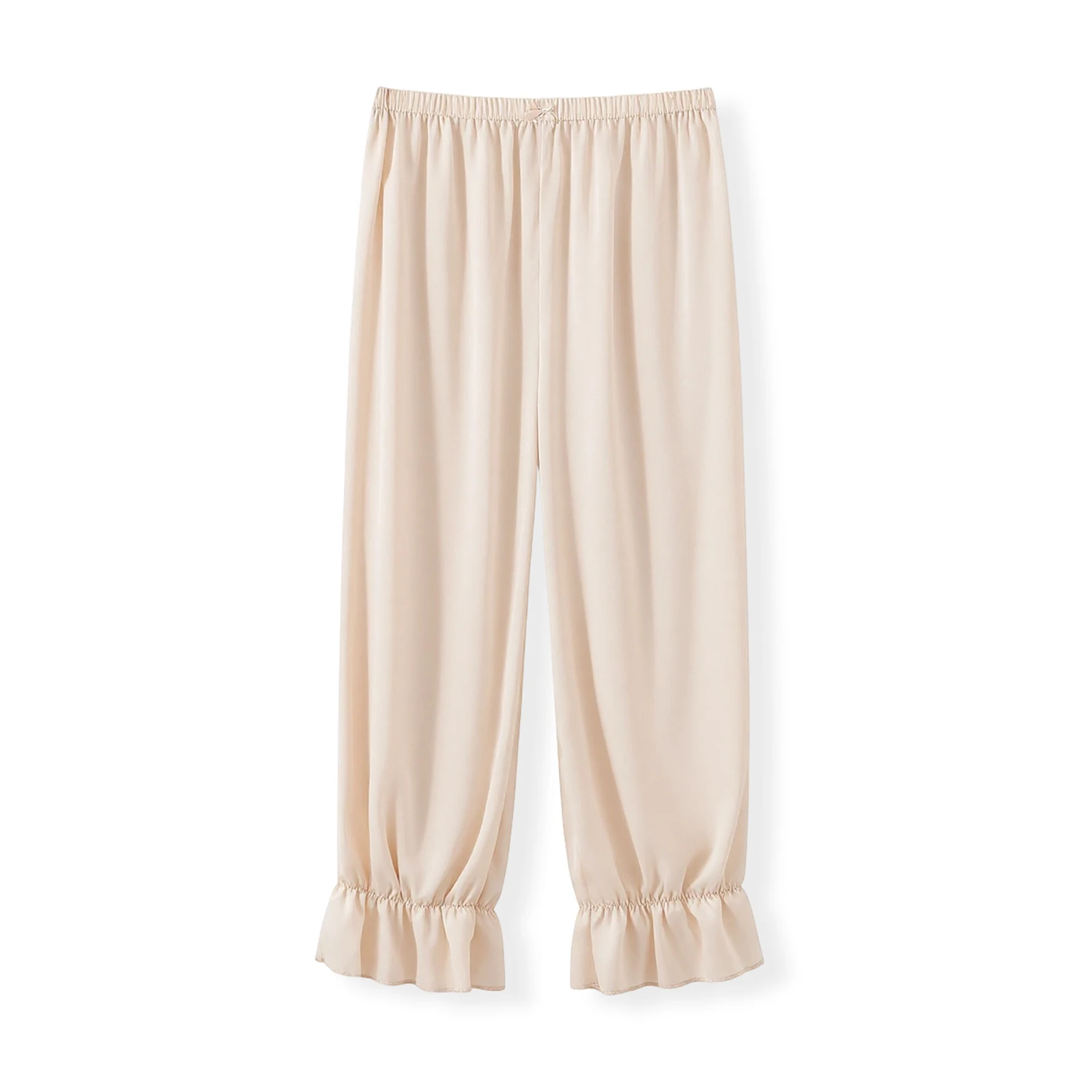 

Women s Spring Summer Satin Pants Elastic Waist Solid Color Ruffle Hem Wide Leg Trousers