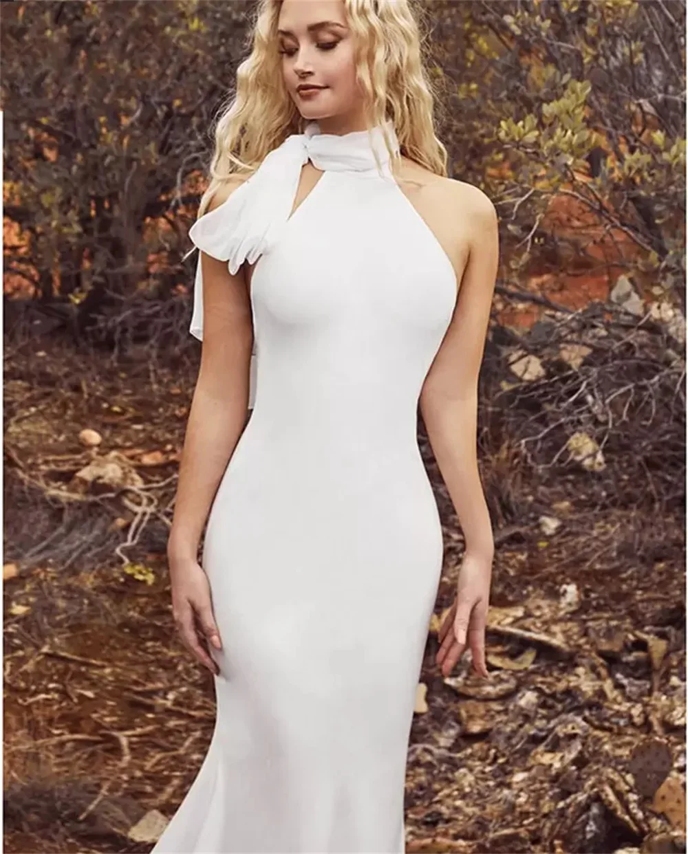 2023 novo estilo sexy encantador sereia vestidos de casamento com arco cachecol simples cetim halter pescoço sem costas vestidos de noiva verão