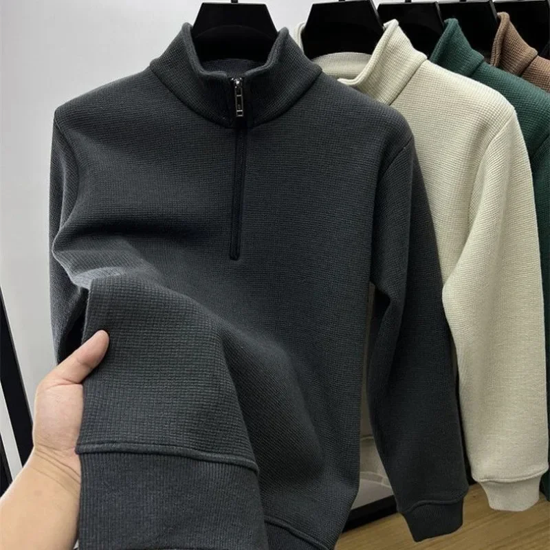 Men Clothing Mens Sweatshirt Stand Neck Half Zip Thicker  Cotton High-quality Hoodie Autumn Winter Basic Tops Pullover