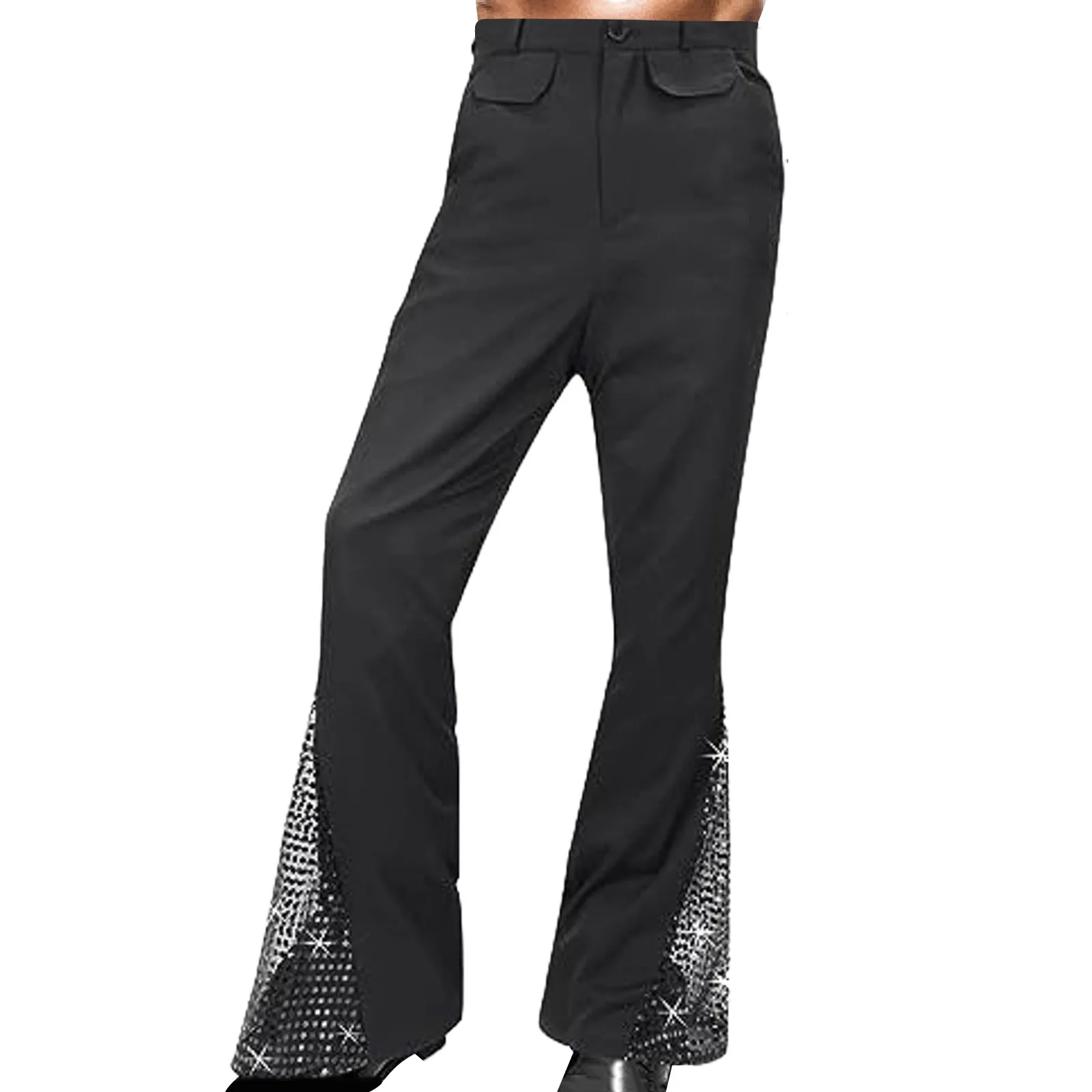 70s Classic Casual Retro Sequins Flare Pants Little Year Elastic High Waist Trousers Fashion Slim Fit Pocket Pants for Men