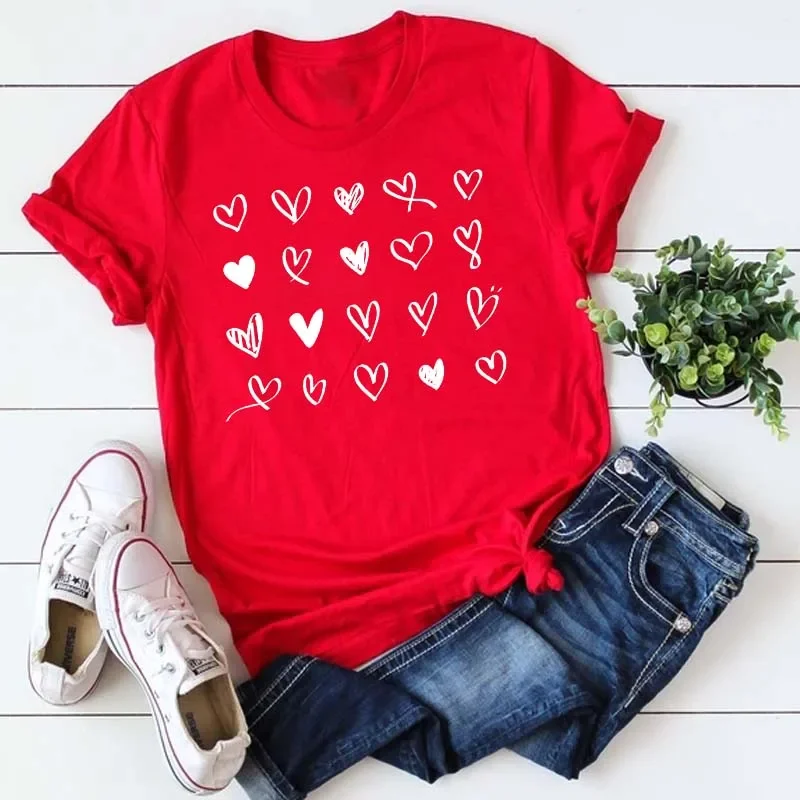 Maycaur Fashion Women T Shirt Love Heart Printed T Shirt Casual Red Tops 90s Valentine's Shirt Female Harajuku Graphic Tshirt