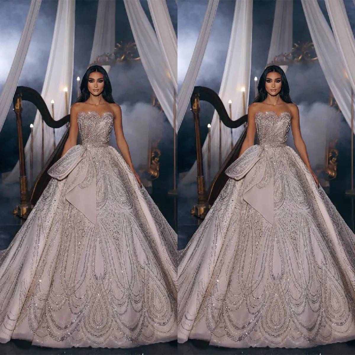 

Classic Sleeveless Ball Gown Wedding Dresses Graceful Strapless Sequined Lace Bridal Gowns Glitter Customized Robe De Mariée