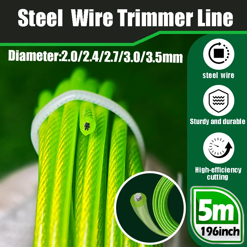 VARIEA-2pcs-Upgraded Green Steel Wire Lawn Trimming Line - 5M, 2.0-3.5mm Diameter, Durable Trimming Line for Lawn Mower Accessor