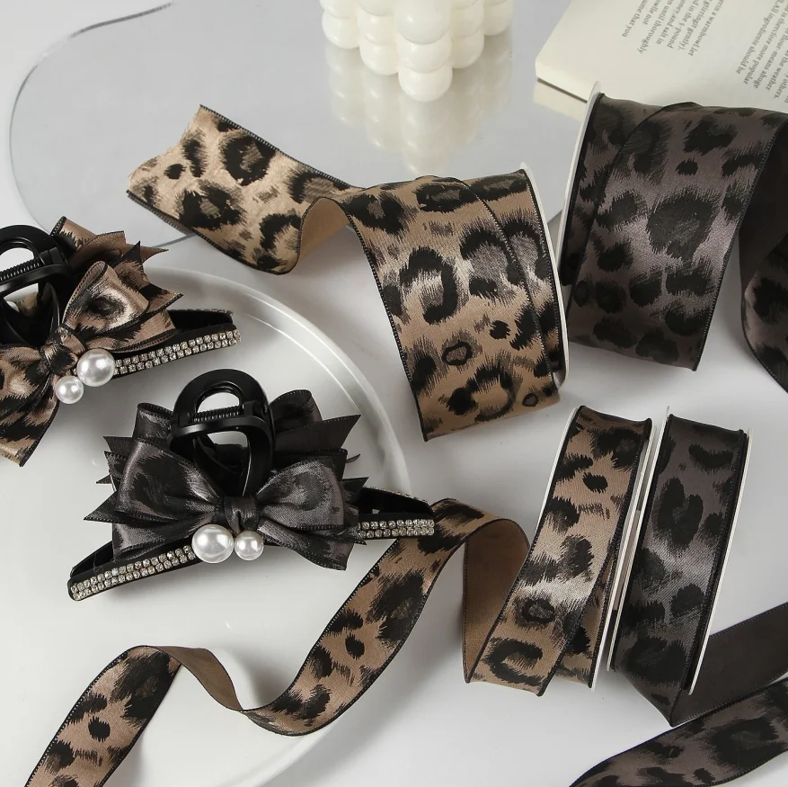 25MM 40MM Vintage Leopard Print Satin Ribbon Printed Handmade Hair Accessories Gift Box Packaging DIY Floral Materials Accessor