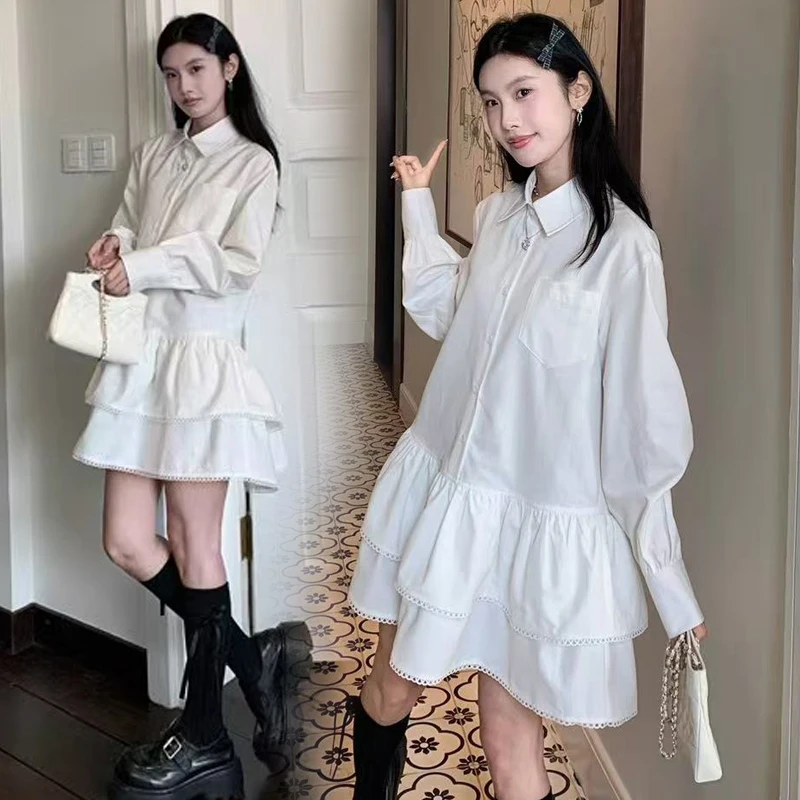 Korean Style Pregnant Woman Cotton Shirts Turn-down Collar Ruffles Patchwork Maternity Pleated Blouses Sweet Pregnancy Shirt