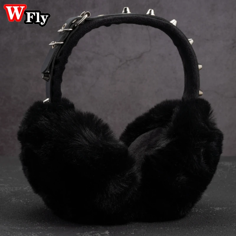 Y2K Gothic Lolita Women Girls Punk Rivet Warm Earmuffs Lady Winter Warmer Black Furry Ear Cover Foldable Headband Accessories