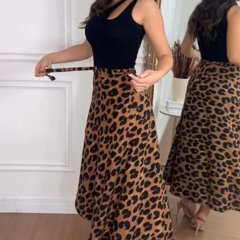 Falda ajustada con cordones y cintura alta con estampado de leopardo para mujer, faldas largas informales, versátiles, elegantes, de corte a, para uso diario, otoño 2025