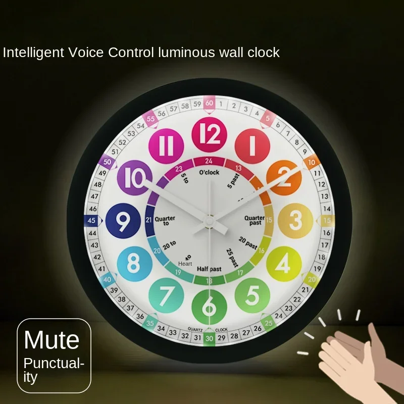 

Hot selling voice controlled early childhood education cartoon creativity, luminous minimalist wall clock, colorful English fun