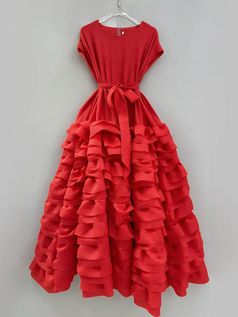 VGH Elegante Gesplitste Tiered Ruches Jurk voor Vrouwen O Hals Mouwloos Patchwork Lace Up Slanke Formele Avond Bladerdeeg Jurken Vrouwelijke