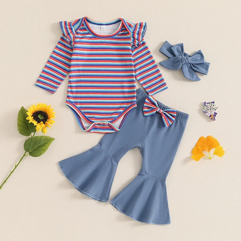 

Baby Girl Striped Outfit Flare Pants Set Ribbed Romper Newborn Ruffle Long Sleeve Bodysuit Bell Bottoms Headbands 3Pcs Set