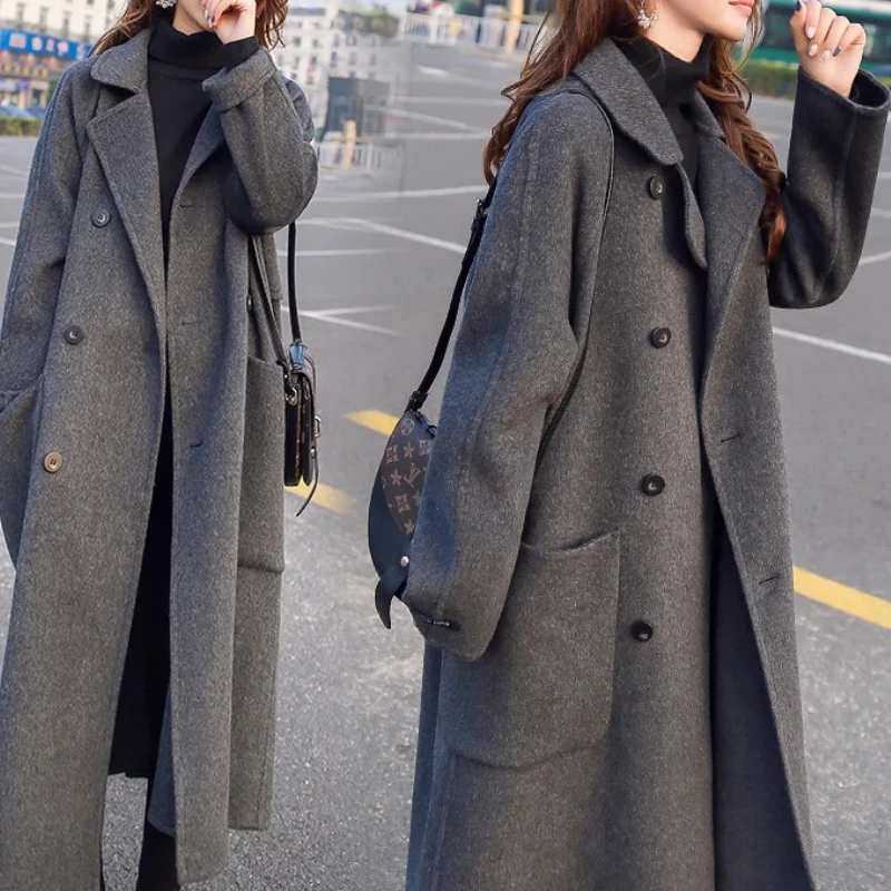 Women Blends Coat Autumn Thick Fall Winter Wool Jacket Vintage Long Outwear Three Quarter Sleeve Elegant Mujer Windbreaker