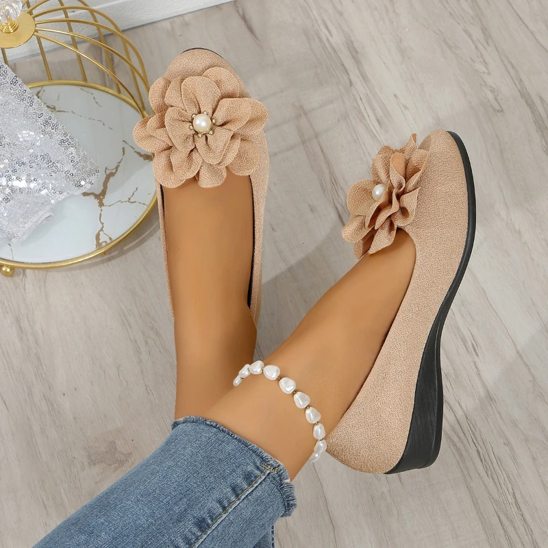 

2026 New Summer Women's Round Toe Flats Soft Sole Casual Shoes Pearl Floral Shallow Slip on Daily Outdoor Flats