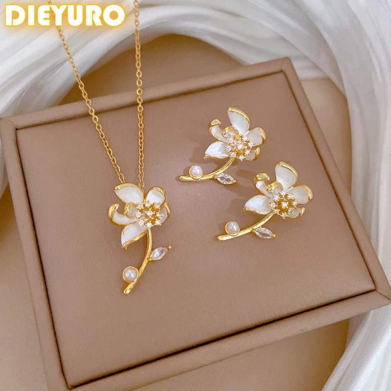 DIEYURO 316L Stainless Steel Steell Branch Flower Zircon Pearl Pendant Necklace Earring Set For Womens New Fashion Jewelry Gift