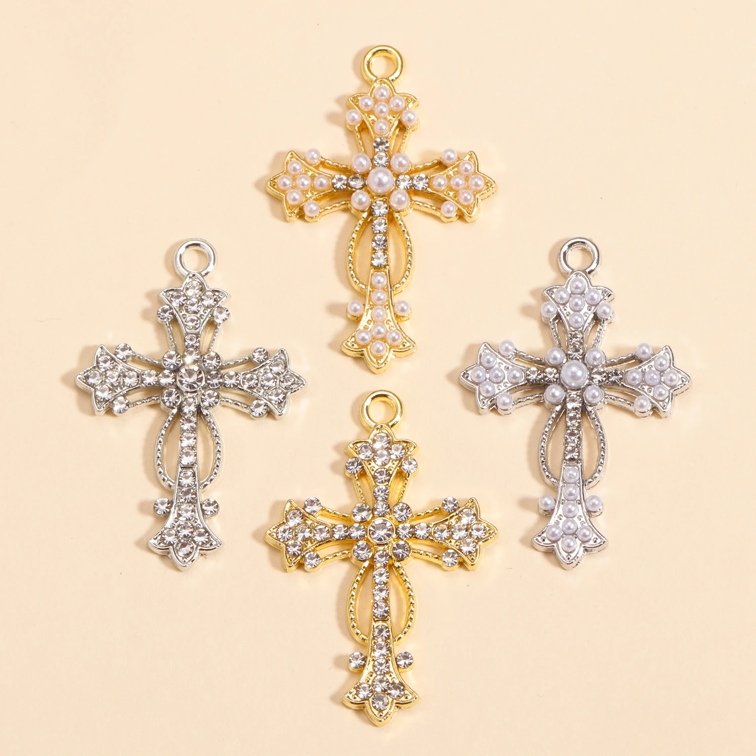 10 Stück exquisite eingelegte Perlen-Kreuz-Anhänger, Zirkon-Legierung, Charms für Schmuckherstellung, DIY-Kreuz-Halsketten-Zubehör, Bastelbedarf – Detail 3