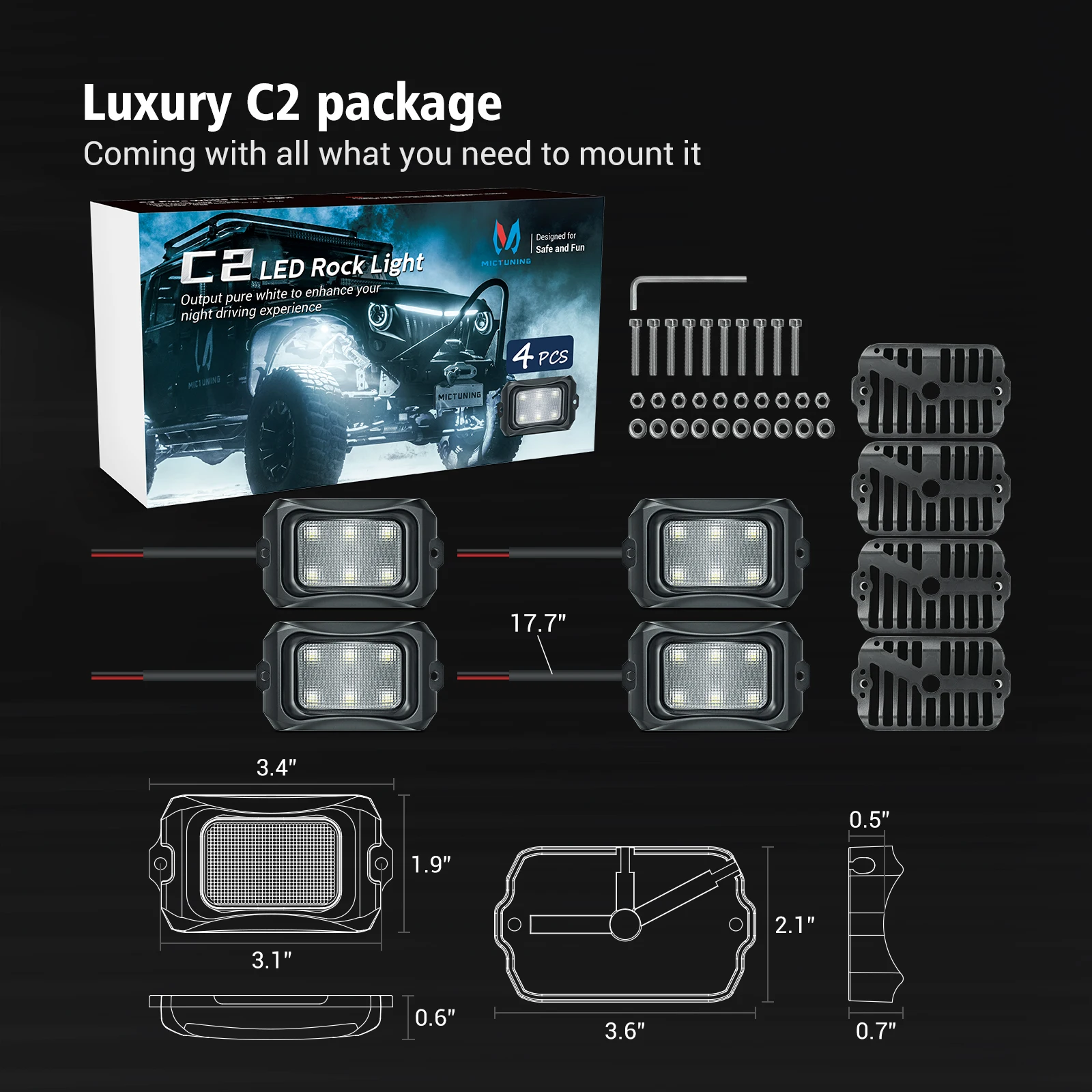 

MICTUNING C2 Curved LED Rock Light Pure White,4 Pods LED Underglow Light,IP68 Waterproof Underbody For Car Truck ATV UTV
