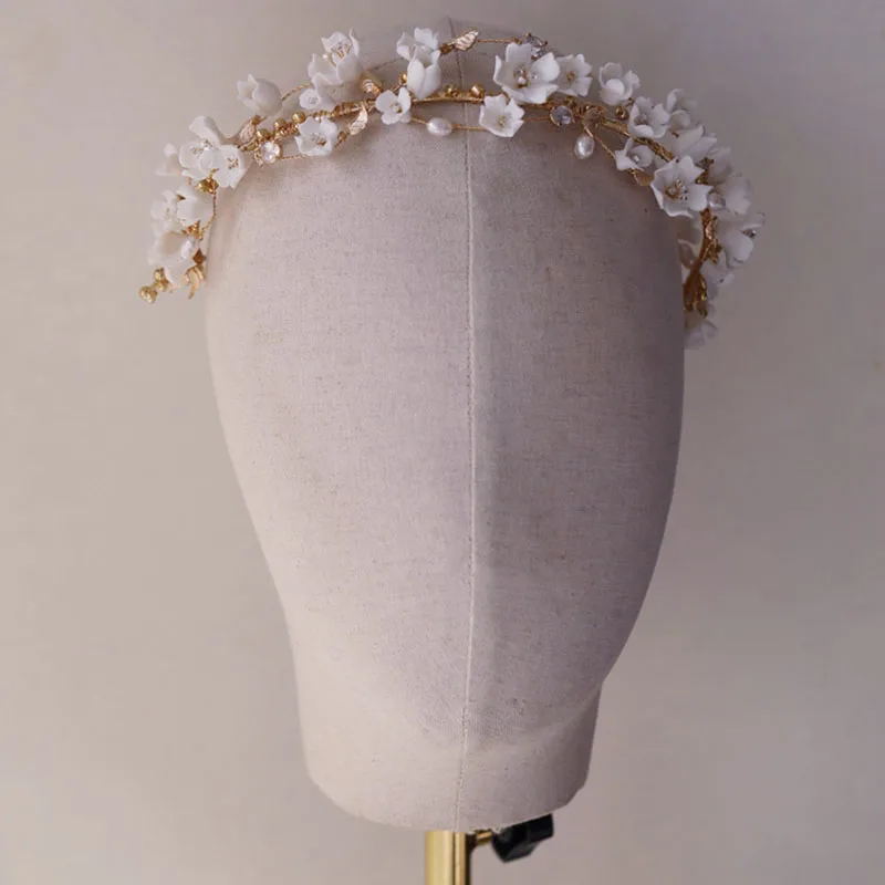 Ins Style Bridal Crown Ceramic Floral Wedding Hair Tiara Freshwater Pearls Jewelry Handmade Gold Color Women Hairband