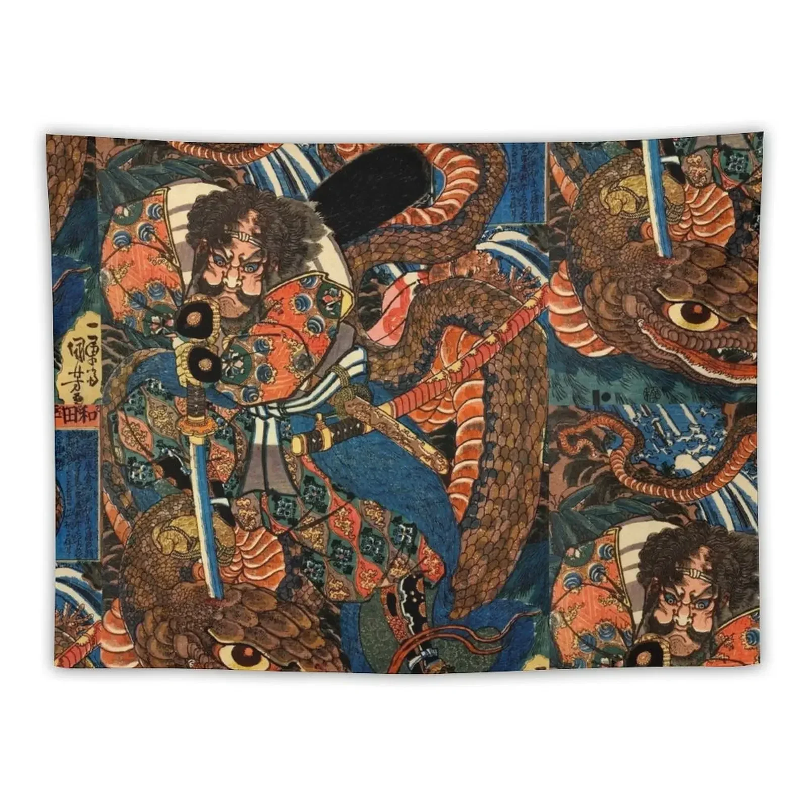 Utagawa Kuniyoshi: Japanese samurai killing a huge python Tapestry For Bedroom Tapestry