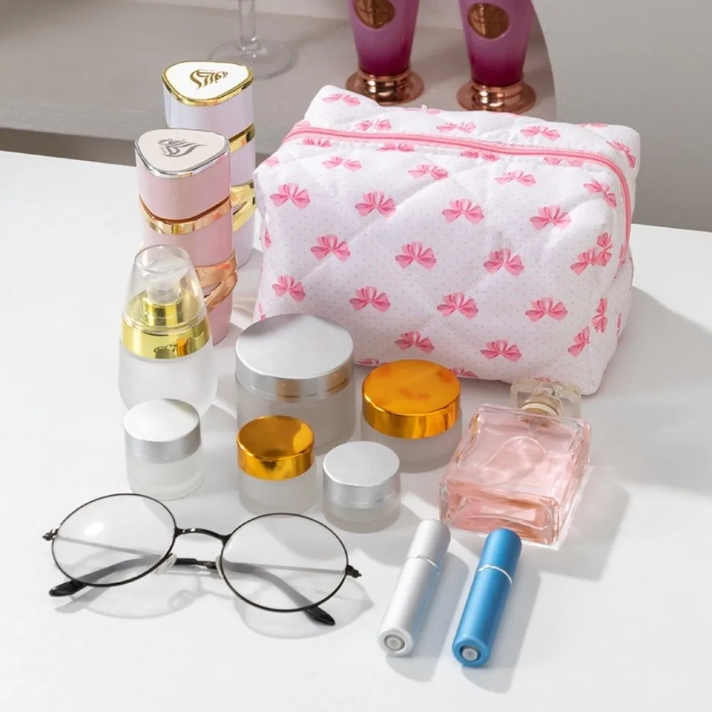 Portable Bow Quilted Makeup Bag Multifunctional Large Capacity Wash Bag Coin Purse Women Girls Gift