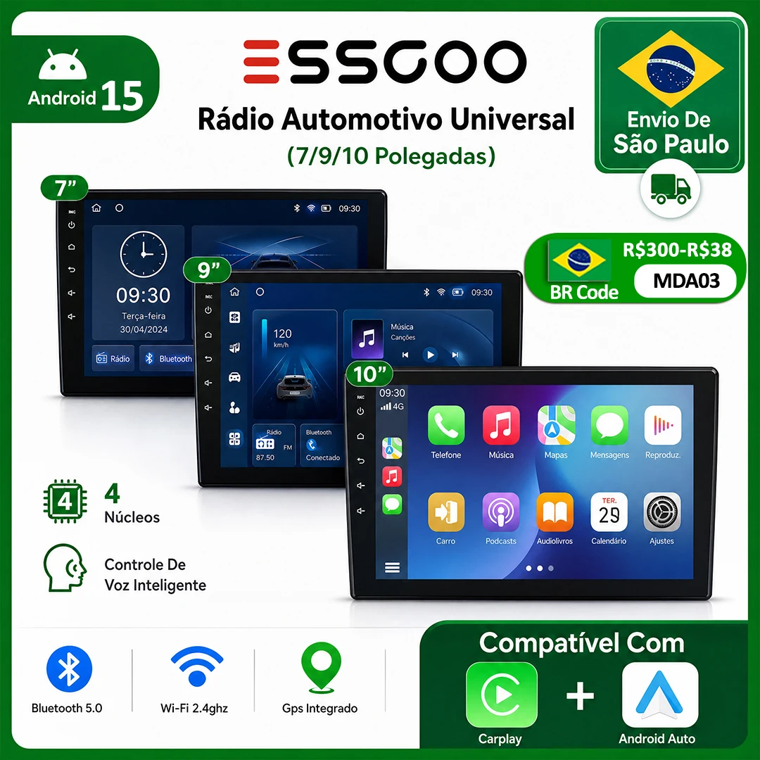 Rádio Automotivo ESSGOO Android 15 com CarPlay Sem Fio, Auto 7"/9"/10", Universal, WIFI, GPS, Reprodutor Multimídia para Nissan, Toyota, Kia