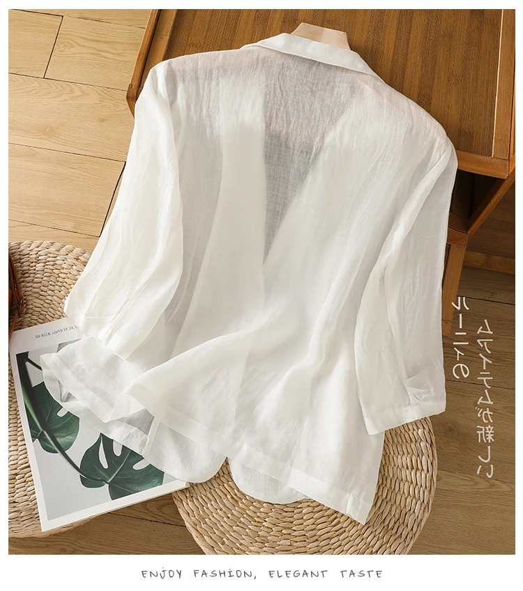 Spring Summer Thin Sheer Black White Cotton Linen Blazer Jacket Coat Women Half-Sleeve Button Cardigan Cover Ups Lady Outerwears