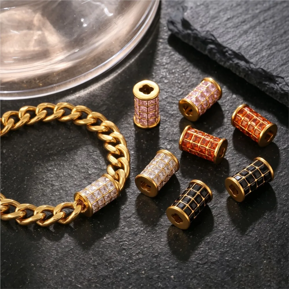2pcs Stainless Steel Crystal Spacer Bead with Stones Zircon Cylinder Loose Charms For DIY Bracelet Necklace Jewelry Making Craft