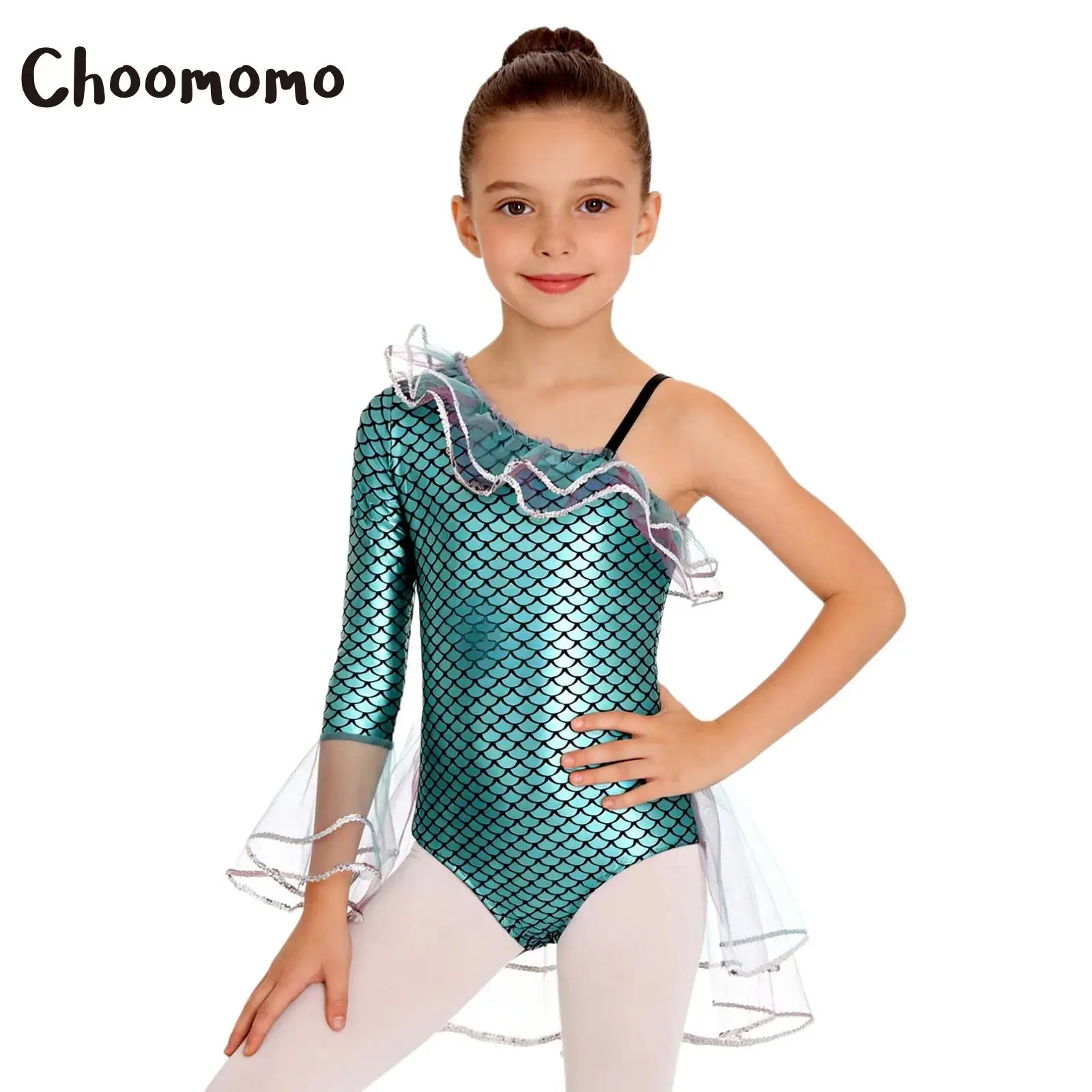 

Girls Mermaid Dance Leotard Cosplay Jumpsuit Metallic Fish Scale Print Bodysuit One Shoulder Long Sleeve Ruffled Mesh Tutu Skirt