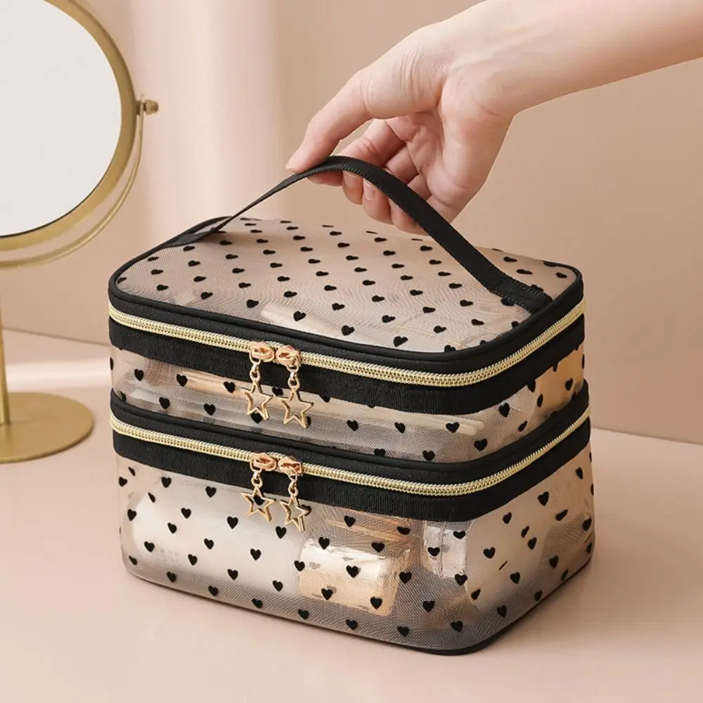 Double-layers Black Mesh Cosmetic Bag Travel Portable Large-Capacity Makeup Case Organizer Storage Pouch Zipper Toiletry Bags