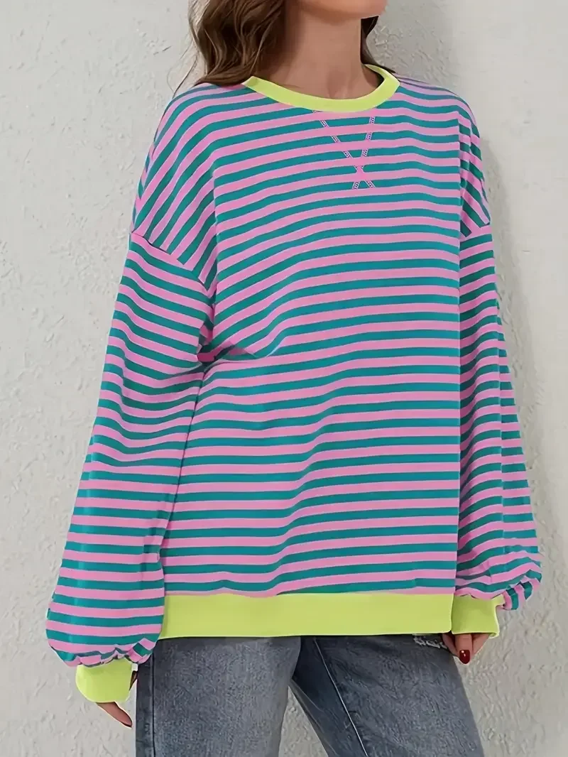 

Большие размеры 1XL-5XL, женская повседневная полосатая толстовка с заниженными плечами и длинными рукавами, женская свободная толстовка с круглым вырезом