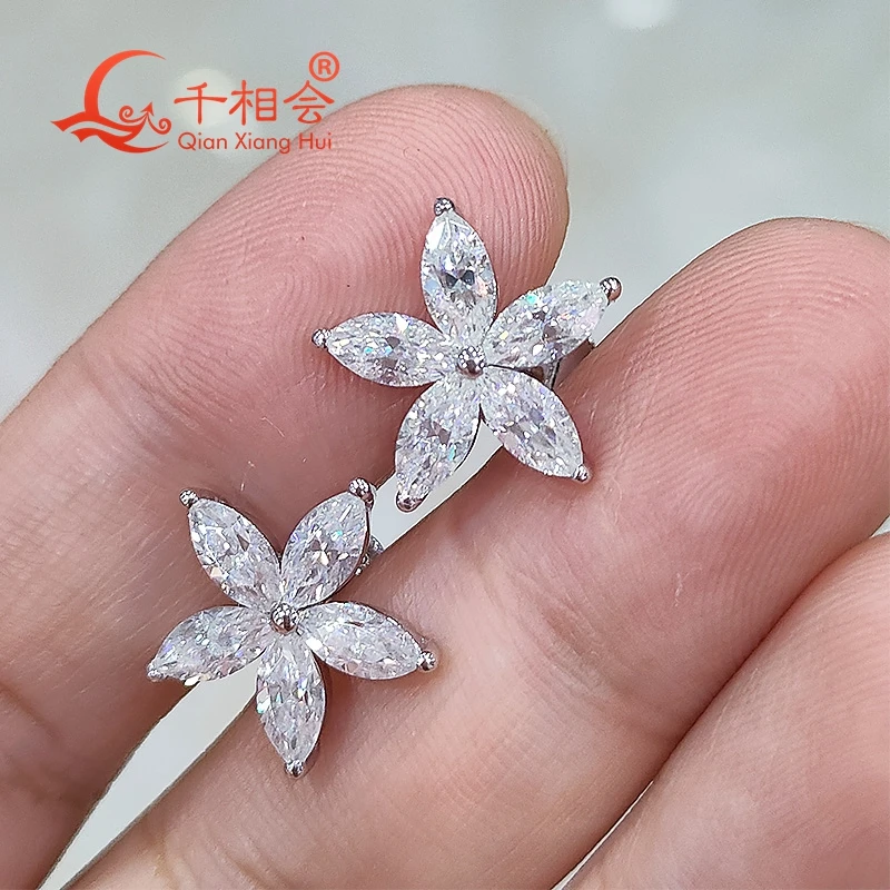 

S925 silver 3*6mm marquise shape 5 flowers D VVS moissanite stone ear stud Earring for jewelry gift dating women wedding