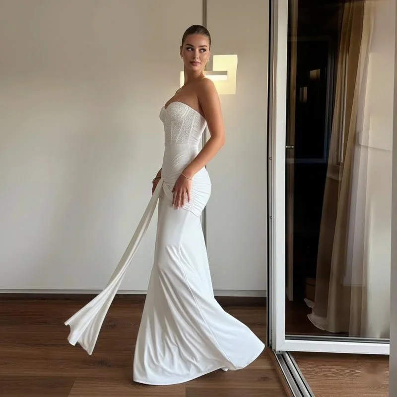 

Women's Elegant Sequin Patchwork Strapless Maxi Dress Backless Bodycon Mermaid Gown For Wedding Guest Evening Party Formal Wears