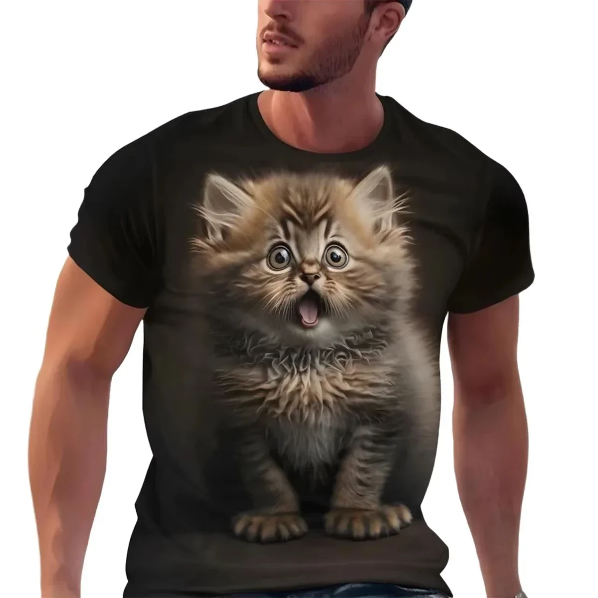 Men's Cartoon Cat 3D Printed Casual T-shirt Short-Sleeve Micro-Elastic Fabric Summer Breathable Crew Neck Fashion Top