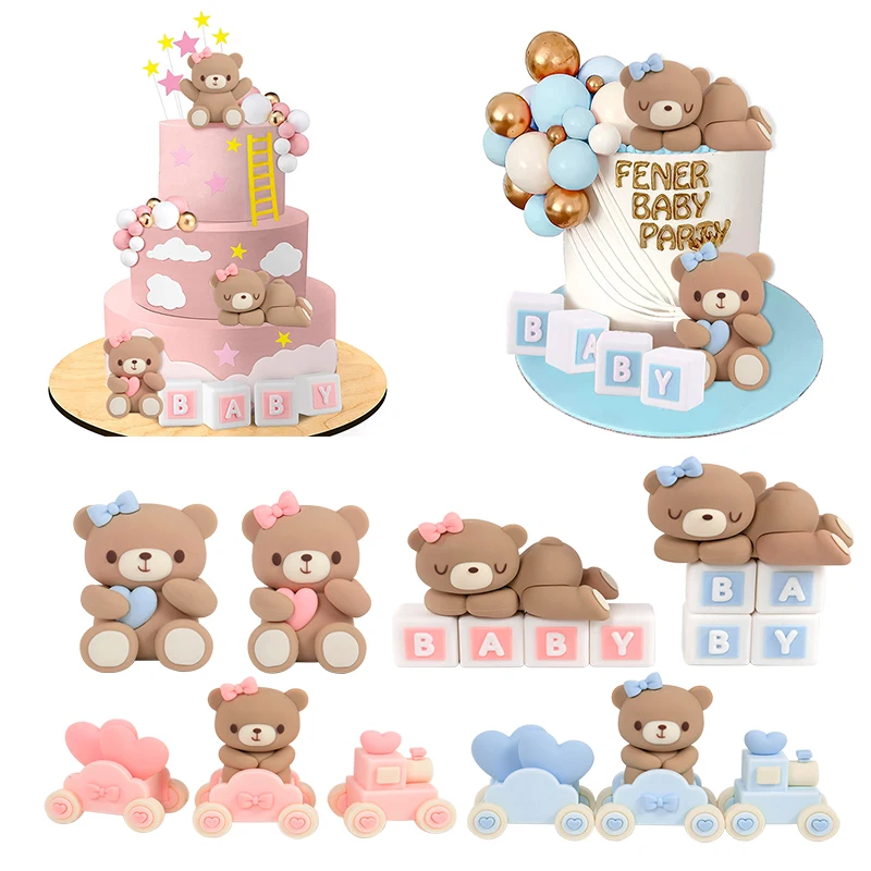 

Pink Blue Bow Teddy Bear Cake Topper Kids Birthday Gender Reveal Party Cake Decoration Supplies Cute Bear Train Soft Rubber Toy