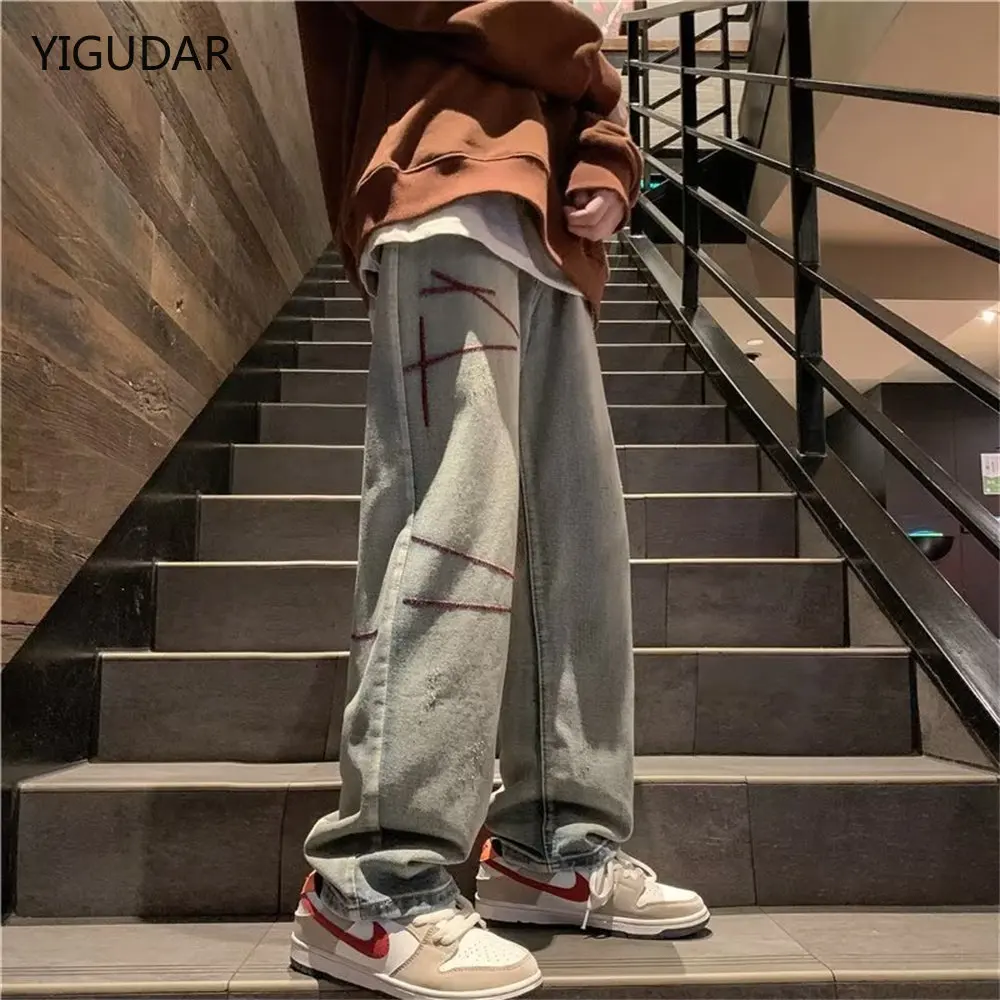 American hiphop jeans men's autumn winter retro smoke gray y2k pants man unisex loose straight wide bottom oldschool baggy jeans