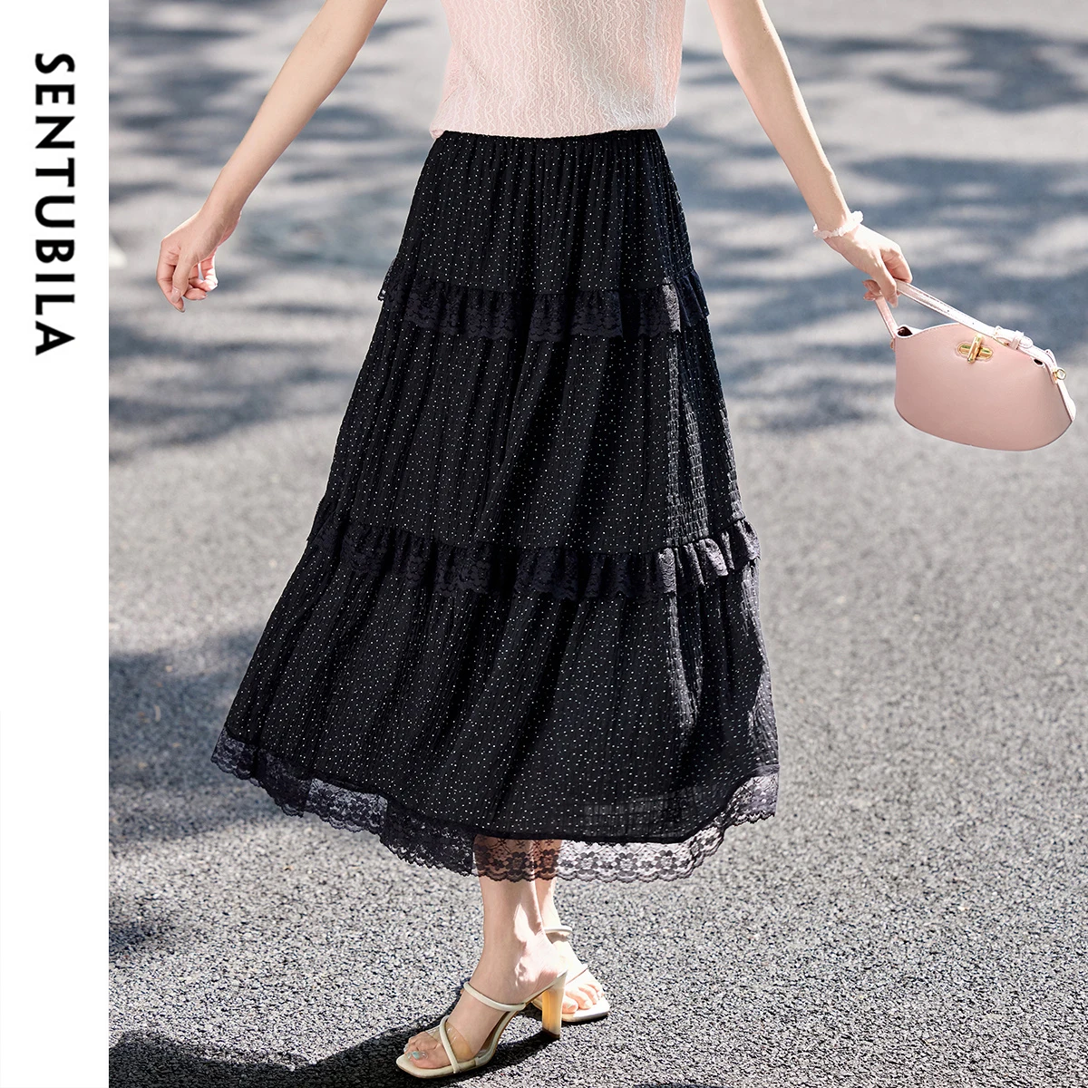 

SENTUBILA Women's Layered Skirt Summer 2025 Polka Dot Lace Skirt High Waist Commuter Elegant Vacation Black Skirts W52QA1826