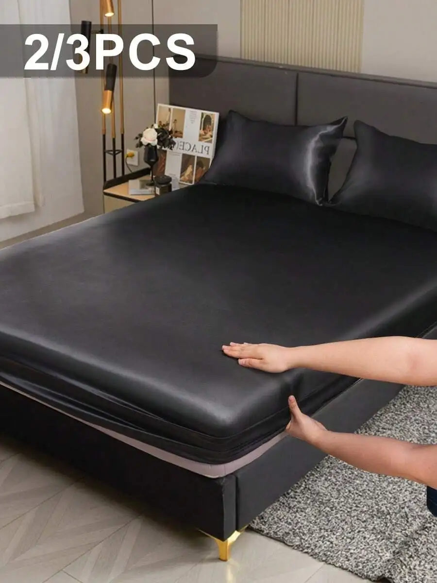 Black Satin Bed Sheet Set with Deep Pocket Fitted Sheets