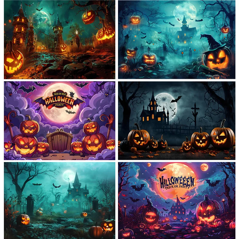 

Halloween Backdrop Full Moon Scary House Night Castle Graveyard Forest Bats Pumpkin Lantern Spooky Photography Background SJ-12