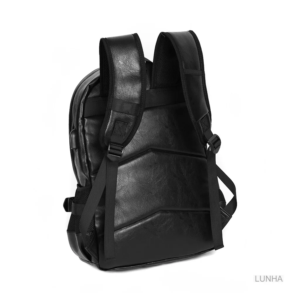 Mochila escolar de couro PU masculina com porta USB, saco do ensino médio, sacos do portátil, moda