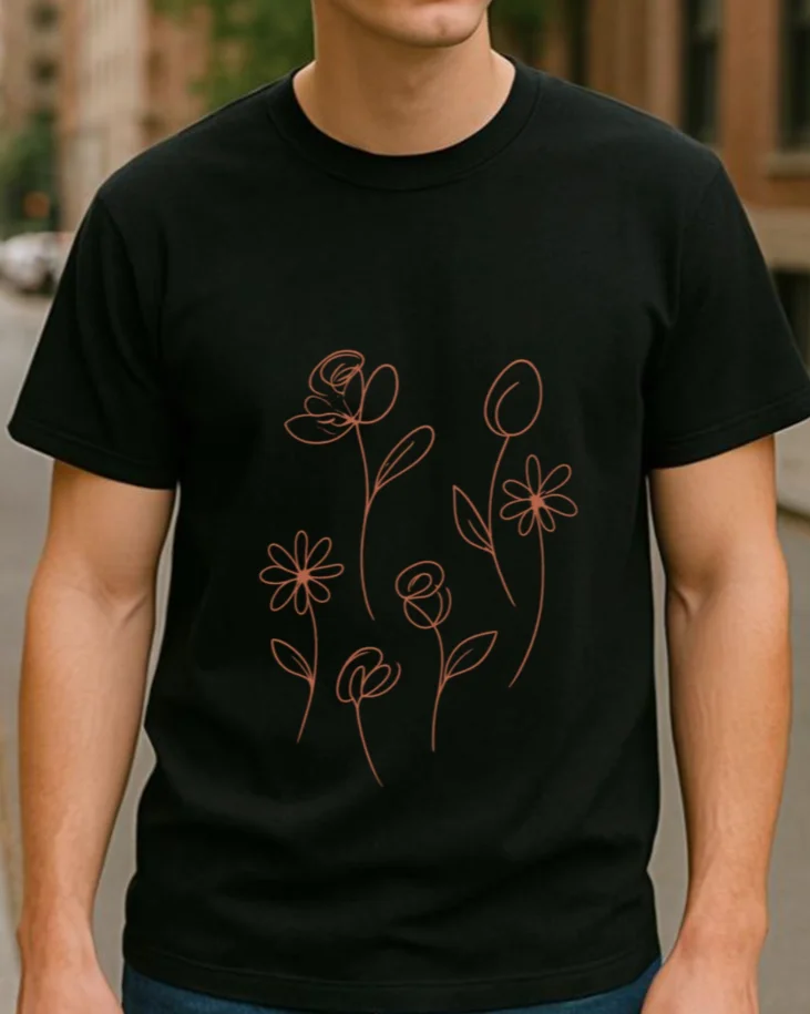 Valentine's Day Minimalist Line Drawing Floral Men's Printed Short-sleeved Shirt T-shirt, Regular Sweat-absorbing Sports T-shirt