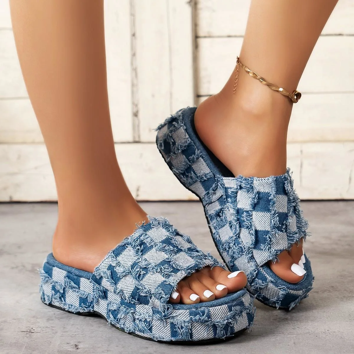 Big Size Multicolored Sandals Slippers Women Summer Shoes Pantofle Slides Low Platform 2024 Flat Fabric Hoof Heels PU Mixed Colo